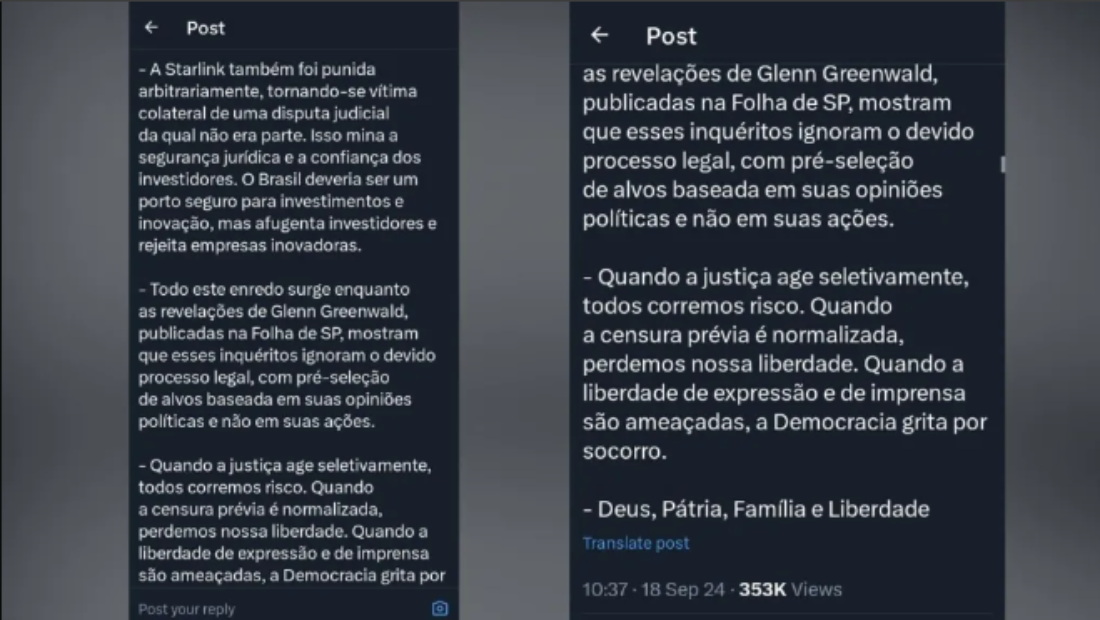 Continuação da mensagem de Jair Bolsonaro no X publicada nesta quarta-feira (18) - Imagem (Reprodução)