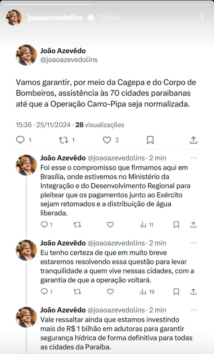 Print de Rede Social do Governador João Azevedo - Foto (Reprodução)