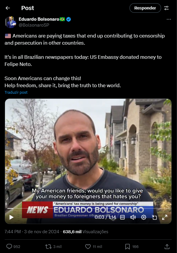 Print de publicação de Eduardo Bolsonaro no X-Twitter - Foto (Reprodução)