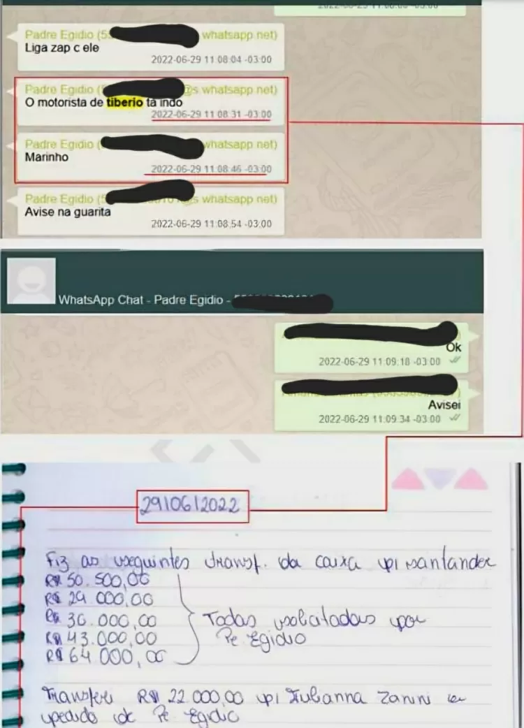 Trecho da denúncia do Gaeco mostra conversa do whatsApp em que padre avisa que o motorista do secretária está indo ao local, e depois a anotação do valor dado - Imagem (Reprodução)