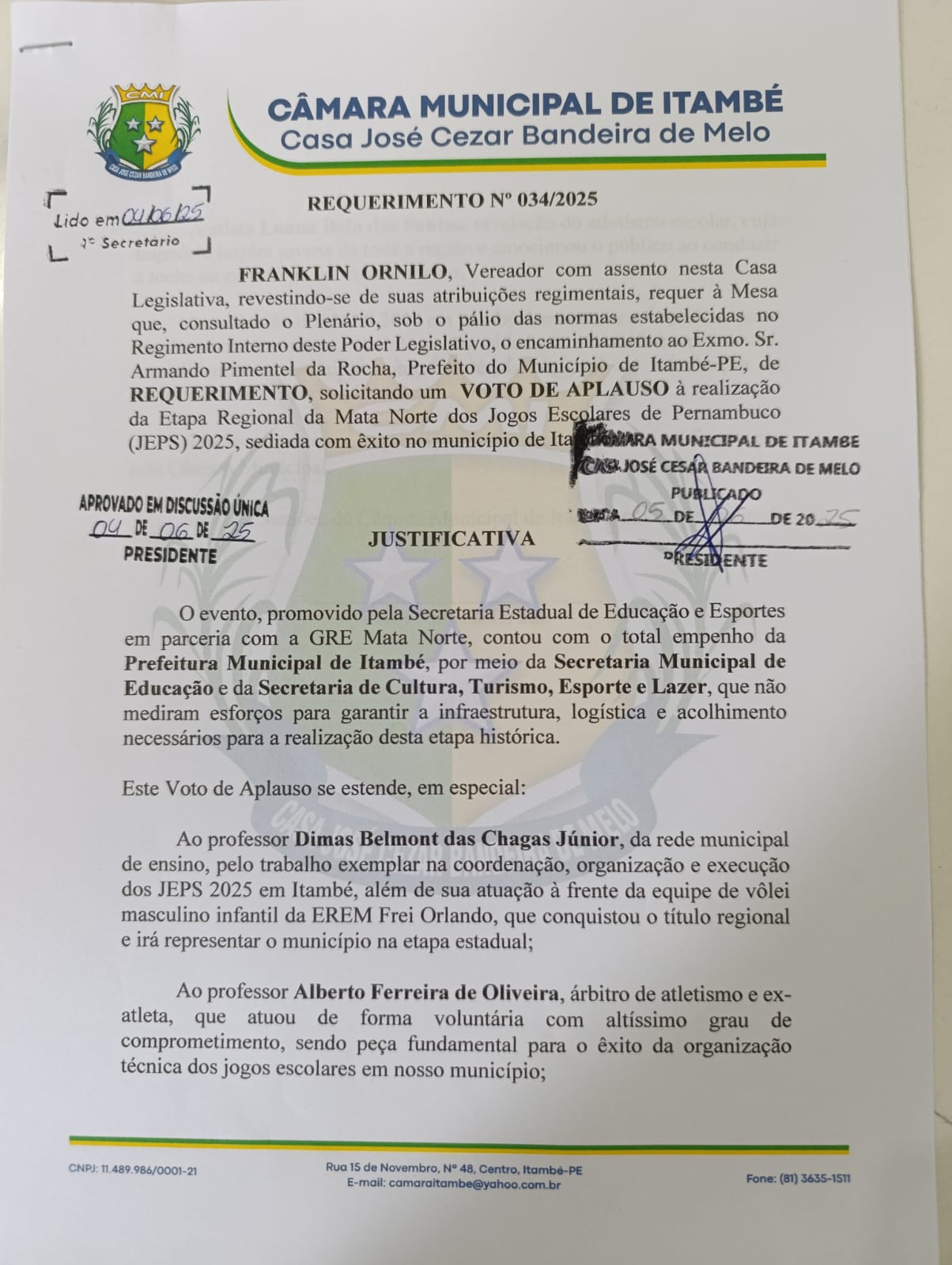 Requerimento do Voto de Aplauso à Realização da Etapa Regional dos Jogos Escolares de Pernambuco - Foto (Reprodução)