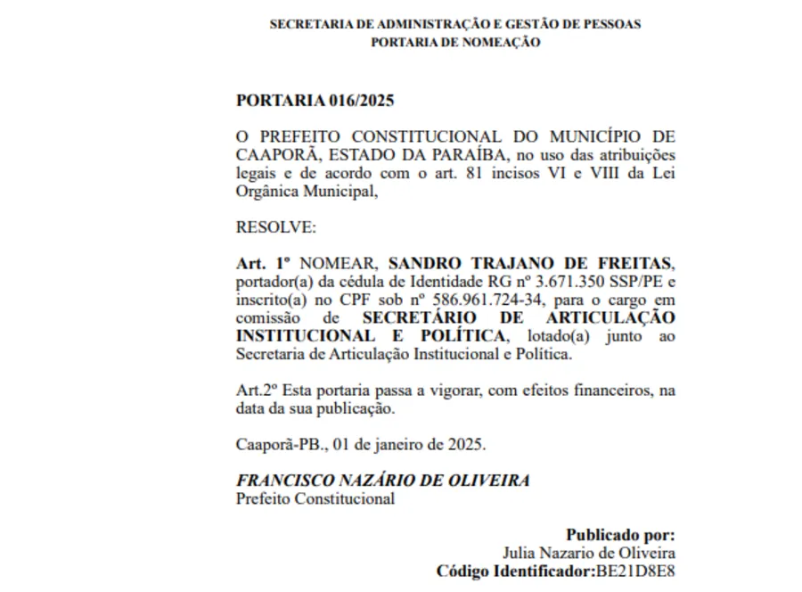 Print da Portaria de Nomeação - Foto (Reprodução)
