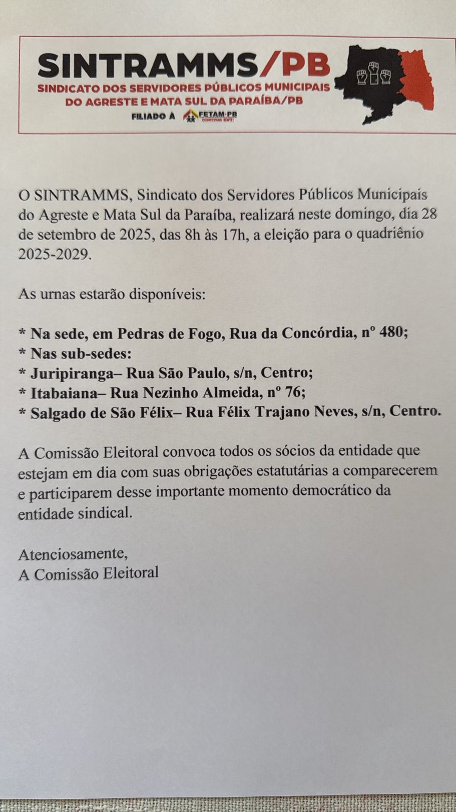 SINTRAMMSPB convoca eleições para novo quadriênio 2025-2029 - Foto (Divulgação)1