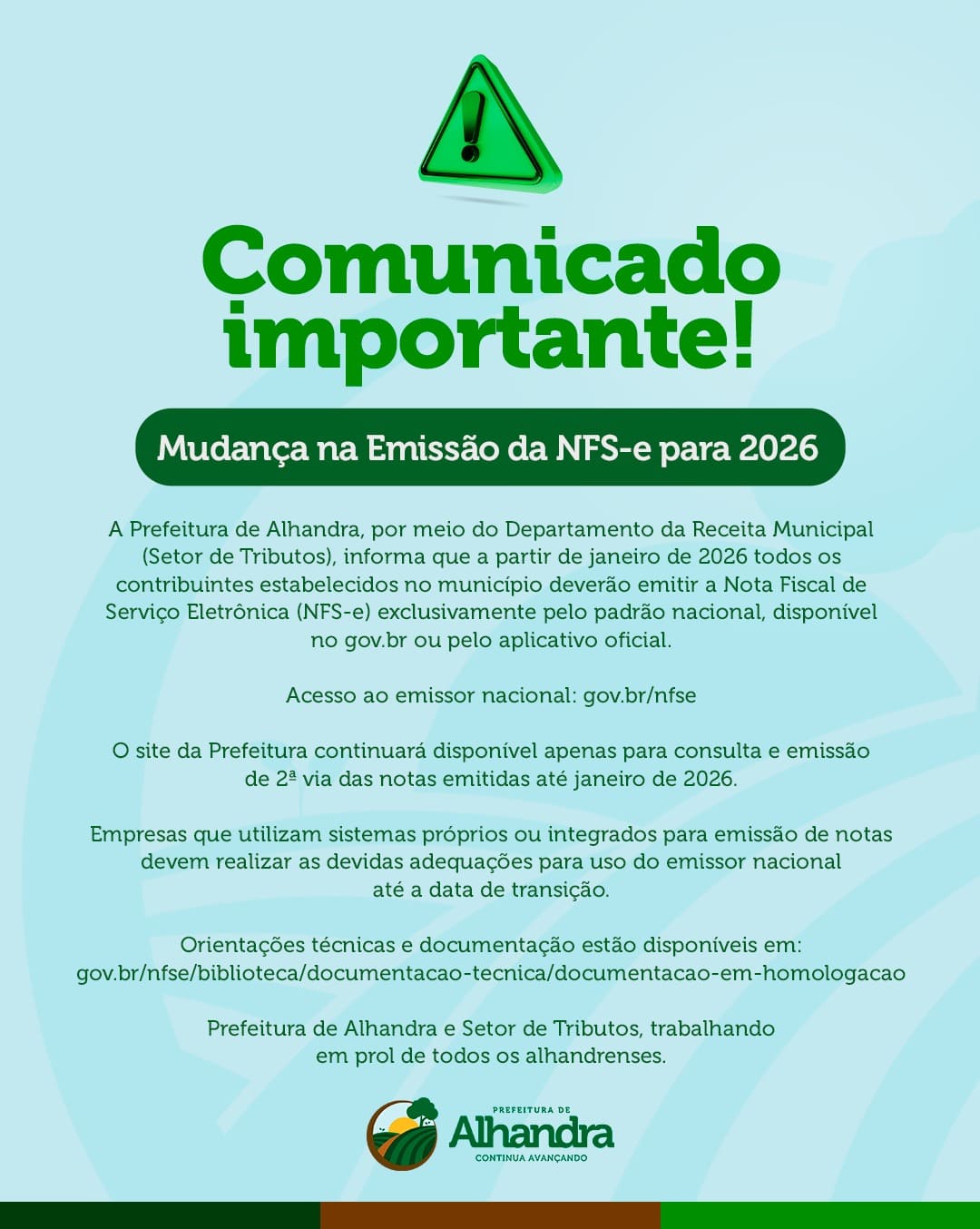 Receita Municipal de Alhandra anuncia migração para o Padrão Nacional de Emissão da Nota Fiscal a partir de 2026 - Foto (Divulgação)