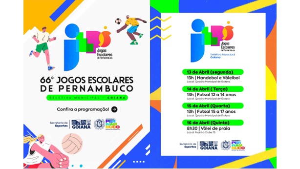 Goiana sedia seletiva municipal dos Jogos Escolares de Pernambuco com programação esportiva ao longo da semana - Reprodução