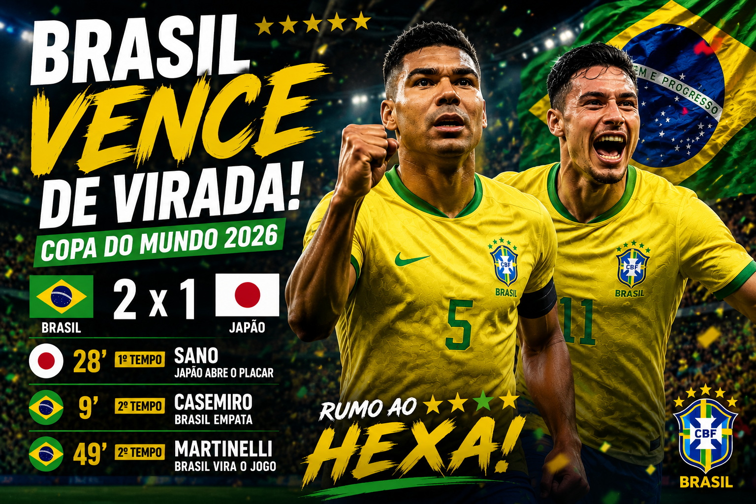 Brasil vence Japão de virada por 2×1 e avança com força na Copa do Mundo 2026