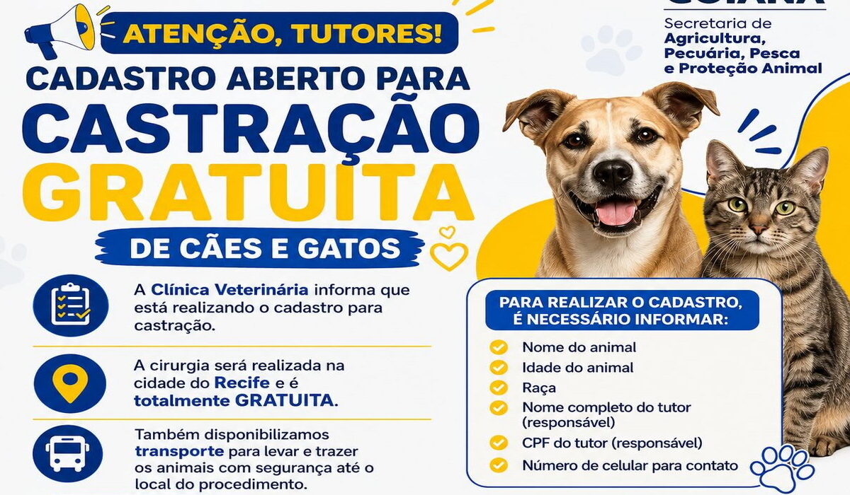 Clínica Veterinária de Goiana abre cadastro para programa de castração gratuita de cães e gatos
