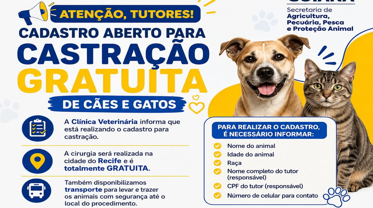 Clínica Veterinária de Goiana abre cadastro para programa de castração gratuita de cães e gatos