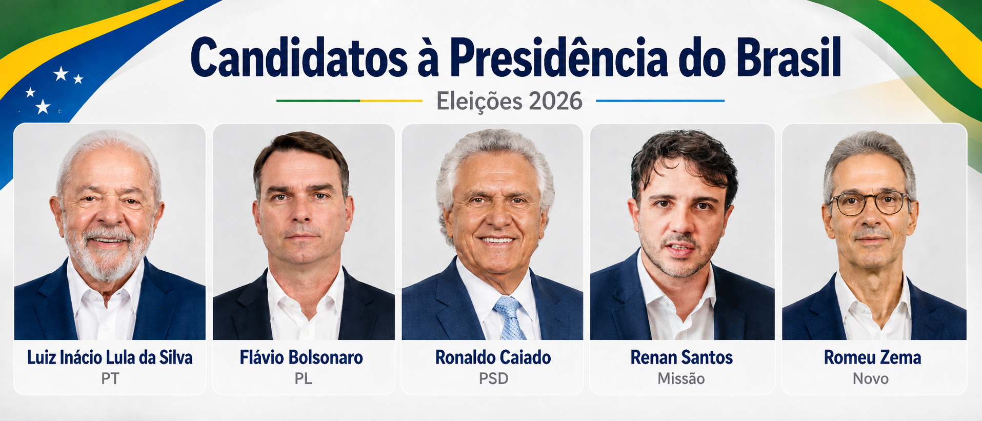 Datafolha: Lula, 39%; Flávio Bolsonaro, 33%; Ronaldo Caiado, 5%; Renan Santos, 4%; Zema, 3%; Augusto Cury, 2%