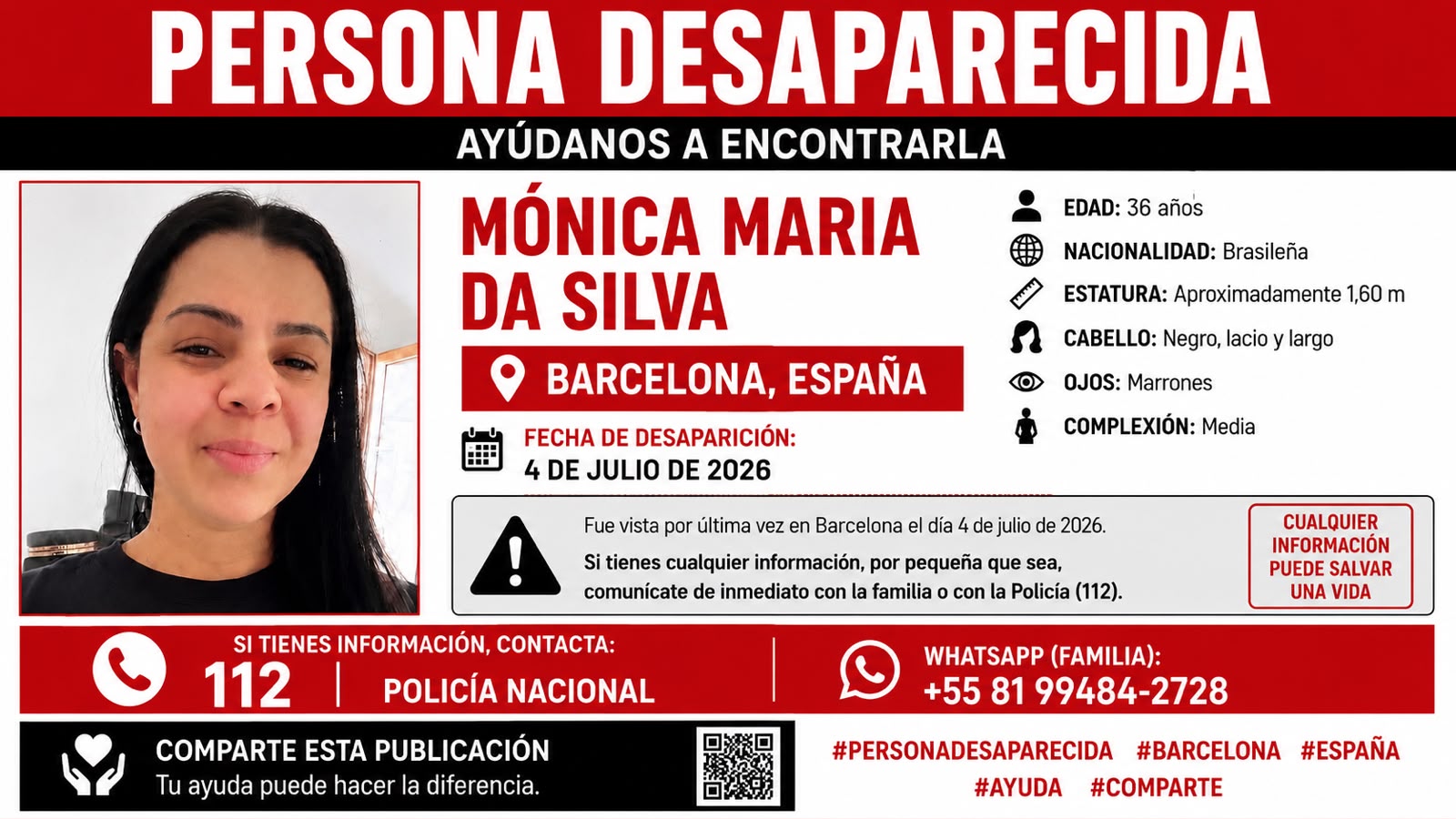 Pedrafoguense está desaparecida desde 4 de julho em Barcelona, na Espanha